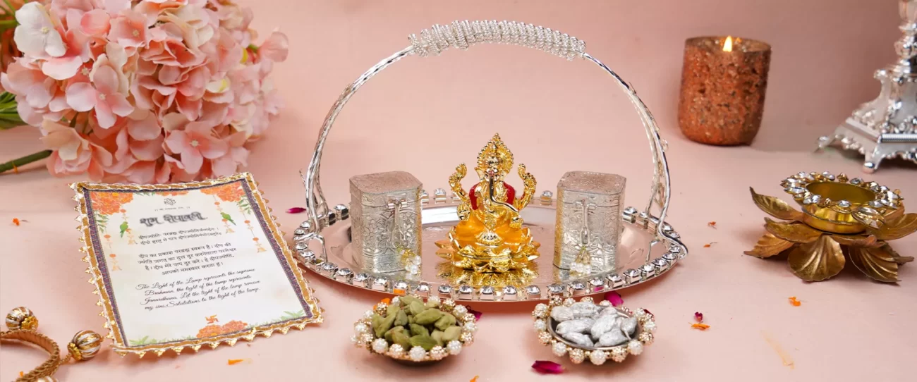 GOLDGIFTIDEAS 7 Inch Pure Silver Floral Design Pooja Thali Set for Home,  Silver Gift Items, Diwali Pooja Thali